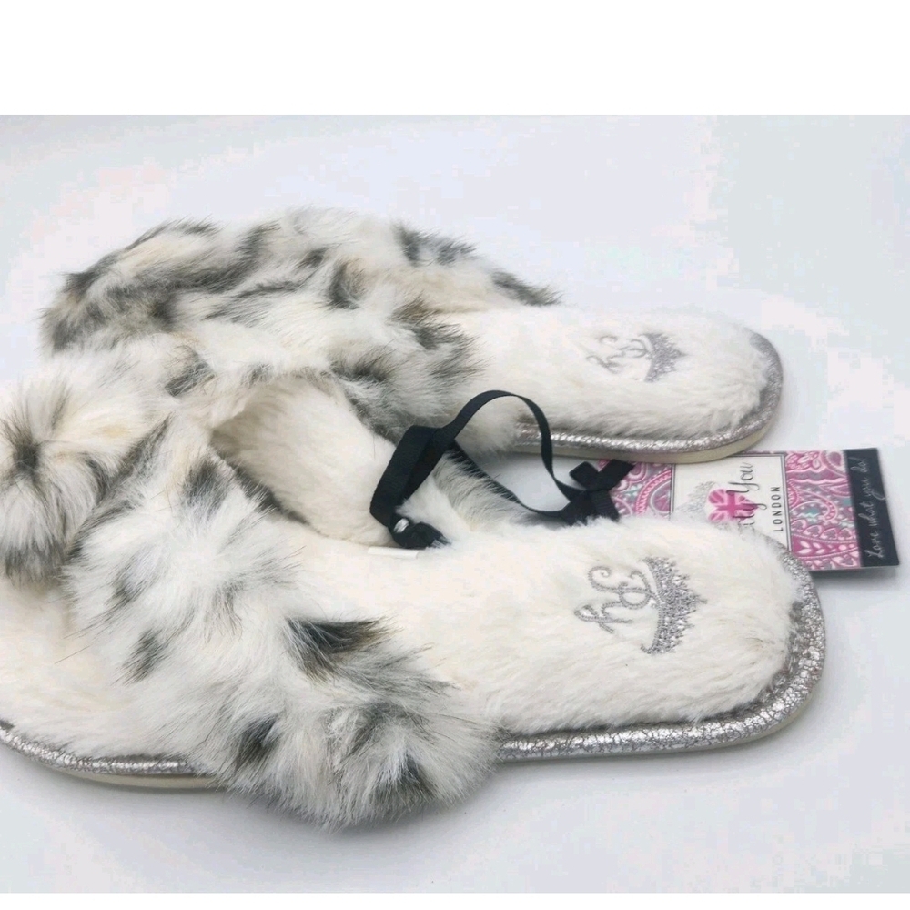 Pretty You London Faux Fur Cream Animal Print Thong Slippers Jodie Size 6.5 7.5 - Picture 3 of 10